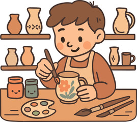 Cute kawaii doodle vector illustration of a ceramic artist boy painting a clay jug in a cozy workshop with brushes, paints and shelves of pottery. Cartoon handmade craft scene.