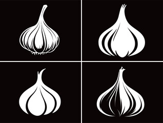 Four distinct black and white illustrations of garlic bulbs are showcased, each featuring unique shapes and lines that highlight their structure and form.