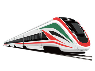 A sleek high-speed train is traveling along railway tracks under a blue sky. The train features a striking red, green, and white design.