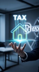 Digital tax concept hand holding holographic house with financial growth overlay symbolizing property investment
