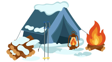 Winter camping tent with snow-covered shelter, burning campfire, lantern light, wooden logs, and ski poles. Perfect for outdoor adventure design, survival clipart, hiking elements, mountain travel 