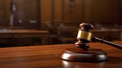 Close-up of wooden gavel on desk in empty courtroom
