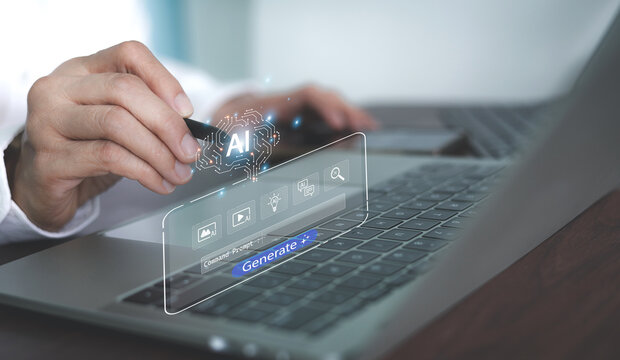 A creative professional uses a command prompt to generate multimedia content with a generative AI, creating images, videos, and text. Concept of text-to-image technology and content automation.