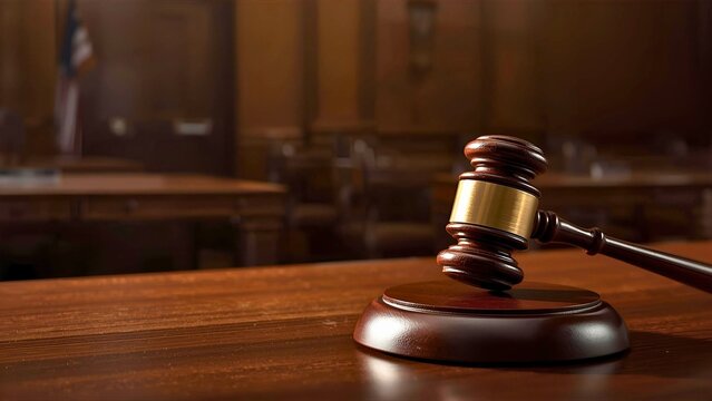 Close-up of wooden gavel on desk in empty courtroom - Powered by Adobe