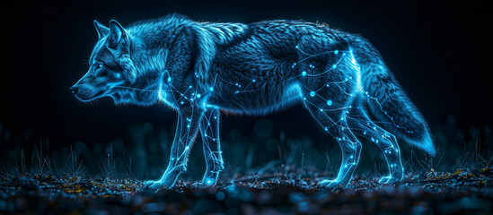 Glowing wolf walks in dark forest with glowing plants