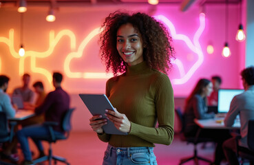 Smiling woman in modern coworking space holding tablet. Diverse team works in background. Neon lights create creative environment. Entrepreneurship, innovation, collaboration are themes.