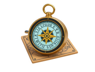 Antique brass compass with nautical chart isolated on transparent background
