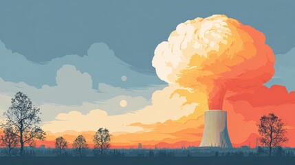 Nuclear explosion simulation industrial area digital artwork dusk artistic perspective environmental impact awareness