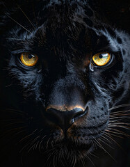 Intense black panther close-up with glowing golden eyes in dramatic lighting