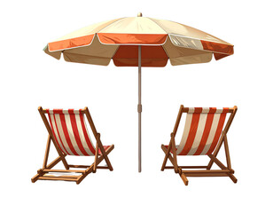 Simple clip art of two beach chairs under an umbrella. One chair is red and white