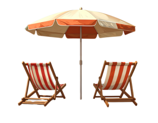 Simple clip art of two beach chairs under an umbrella. One chair is red and white