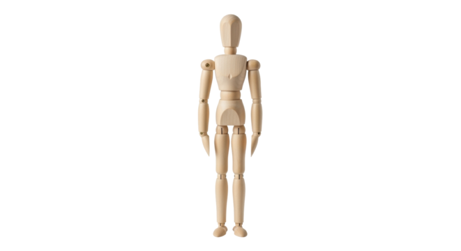 Isolated wooden mannequin standing straight, pose for art, sketch or drawing reference