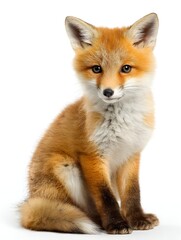 Fototapeta premium Cute Young Red Fox Cub Sitting and Looking Calmly Forward on Clean White Background