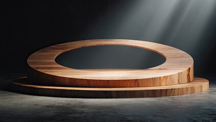 Wooden stage with oval opening, lit by spotlight, set on concrete. Dark background