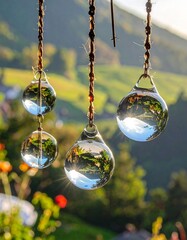 Clear teardrop-shaped glass ornaments hanging