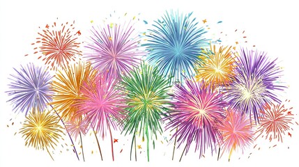 Colorful bursts of fireworks on a white background, multiple layered and overlapping