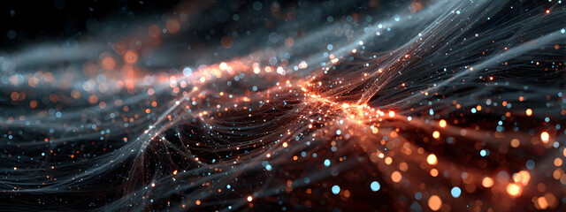 Big Data Network Flow. Futuristic big data visualization showing network flow and digital connections with glowing points and fiber-like streams. Perfect for AI, technology, and analytics concepts.