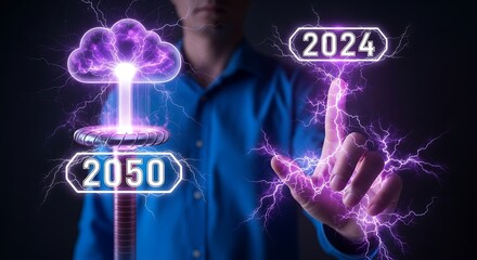 Futuristic futuristic technology progress and innovation from 2024 to 2050 person interacting with digital transformation
