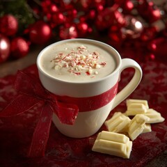 
Festive White Chocolate Mocha Adorned with a Red Ribbon and Peppermint