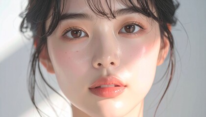 日本人, 超リアル, 若い美しい女性, 顔アップ, 滑らかな肌, ツヤのある肌質, ナチュラルメイク, 柔らかな光, 美容広告風, シネマティック, カメラ目線, 高画質, Japanese, ultra-realistic, young beautiful woman, face close-up, smooth skin, radiant complexion, natural makeup
