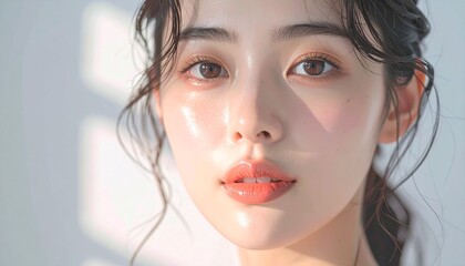 日本人, 超リアル, 若い美しい女性, 顔アップ, 滑らかな肌, ツヤのある肌質, ナチュラルメイク, 柔らかな光, 美容広告風, シネマティック, カメラ目線, 高画質, Japanese, ultra-realistic, young beautiful woman, face close-up, smooth skin, radiant complexion, natural makeup