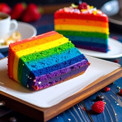 Colorful rainbow cake slice