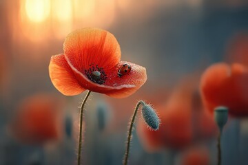 Red Poppy Flower with Ladybug at Sunset