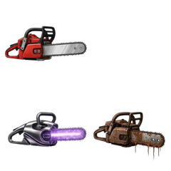 Three chainsaw illustrations: a red chainsaw, a futuristic chainsaw with purple light, and a rusty, old chainsaw.