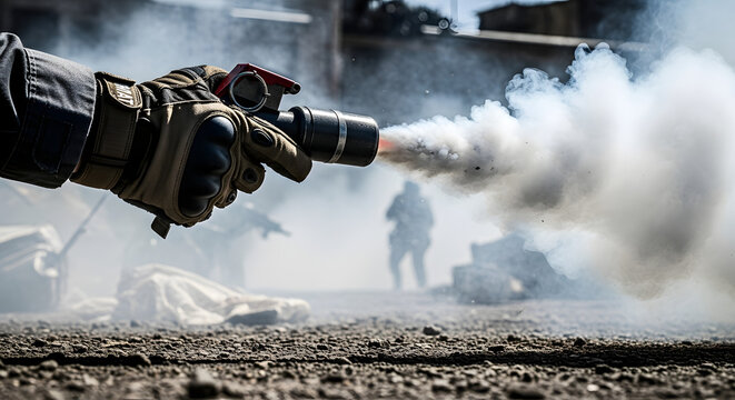Soldier ignites smoke grenade, creating white smoke cloud during military operation