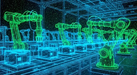 Luminous Green Robotic Arms Orchestrate Precision Assembly with Glowing Blue Circuit Modules in a Vast Digital Cosmos.