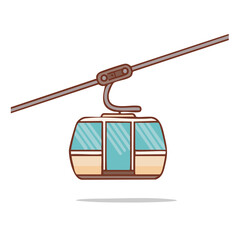 Fototapeta premium Cute cartoon gondola cabin suspended on a cable with a shadow on white background