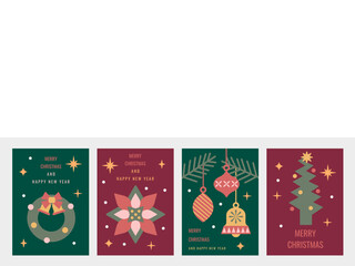 Set of four vertical Christmas and New Year greeting cards. Modern flat design featuring a wreath, poinsettia flower, ornaments, and a geometric tree.