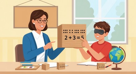 Supportive flat illustration of a teacher showing a math equation in Braille blocks to a blind student. Educational support concept