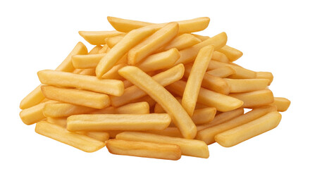 Isolated golden brown crispy French fries pile, salty snack for fast food or takeout meals