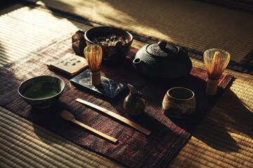Naklejka premium Golden Hour Still Life - A Traditional Asian Tea Ceremony Bathed in Warm Sunlight.