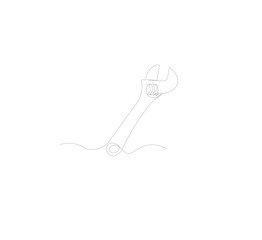 Obraz premium One continuous line drawing of a wrench tool. White background. Downloadable construction logo symbol. Wrench outline vector illustration. Editable stroke.
