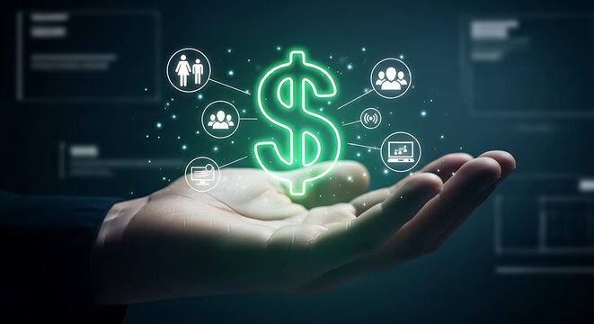 Hand holding glowing dollar sign with digital icons representing financial services