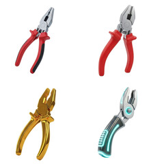 Four pliers: standard, red handled, gold, and futuristic, all isolated on a white background.