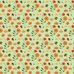 Seamless autumn pattern with pumpkins and flowers on light green background