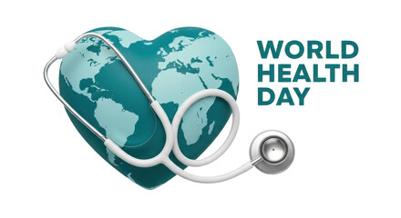 Isolated World Health Day concept with stethoscope around heart-shaped Earth globe image