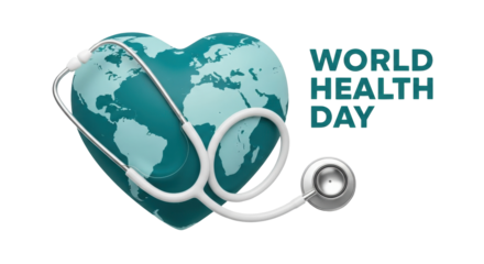 Isolated World Health Day concept with stethoscope around heart-shaped Earth globe image