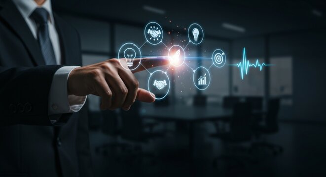 Strategic Business Planning: Close-up of Executive Touching Holographic Process Flow
