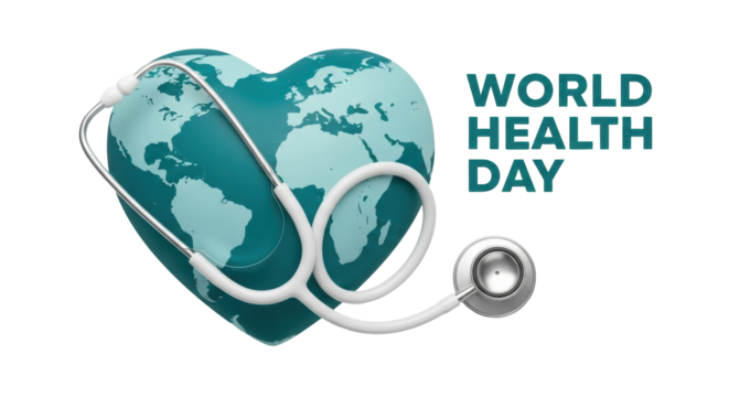 Isolated World Health Day concept with stethoscope around heart-shaped Earth globe image