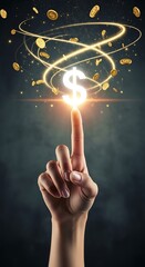 Hand finger touching glowing energy light orb creating swirling nebula effect concept