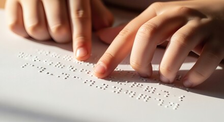 Warm photorealistic close-up of a child fingers delicately reading Braille text on a clean white page. Educational warm concept