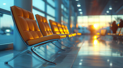 Empty orange chairs in airport terminal at sunset
