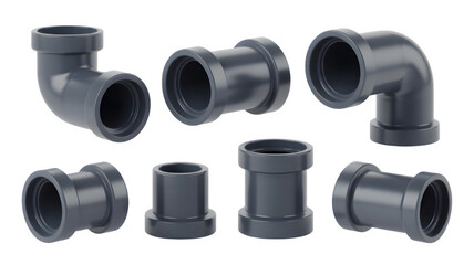 Collection of Gray PVC Plumbing Pipe Fittings on Transparent Background