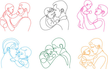 Father and baby embrace in a simple continuous line drawing