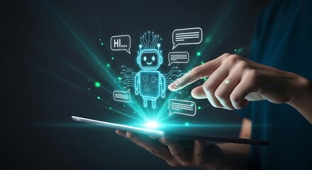 Human interacting with futuristic ai chatbot interface on digital tablet