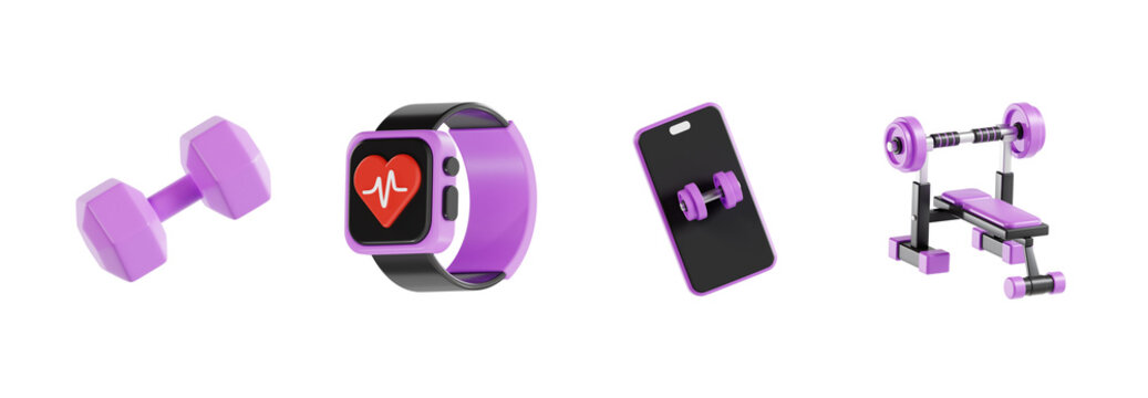 3D Fitness and Health Tech Icons Set with Dumbbell and Smart Watch
